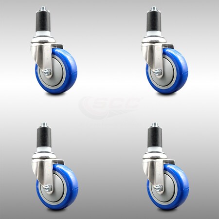 Service Caster 4 Inch 316SS Blue Polyurethane Swivel 1-5/8 Inch Expanding Stem Caster Set SCC SCC-SS316EX20S414-PPUB-BLUE-158-4